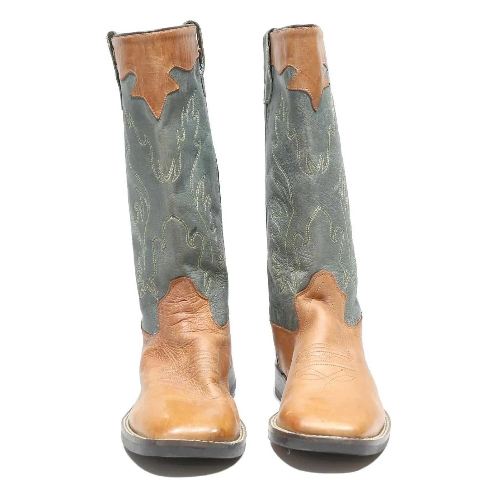 OLDWEST Womens Western Ankle Leather Boots Tan & Sage UK 7 Embroidered Stitch Alpine Ski Boots