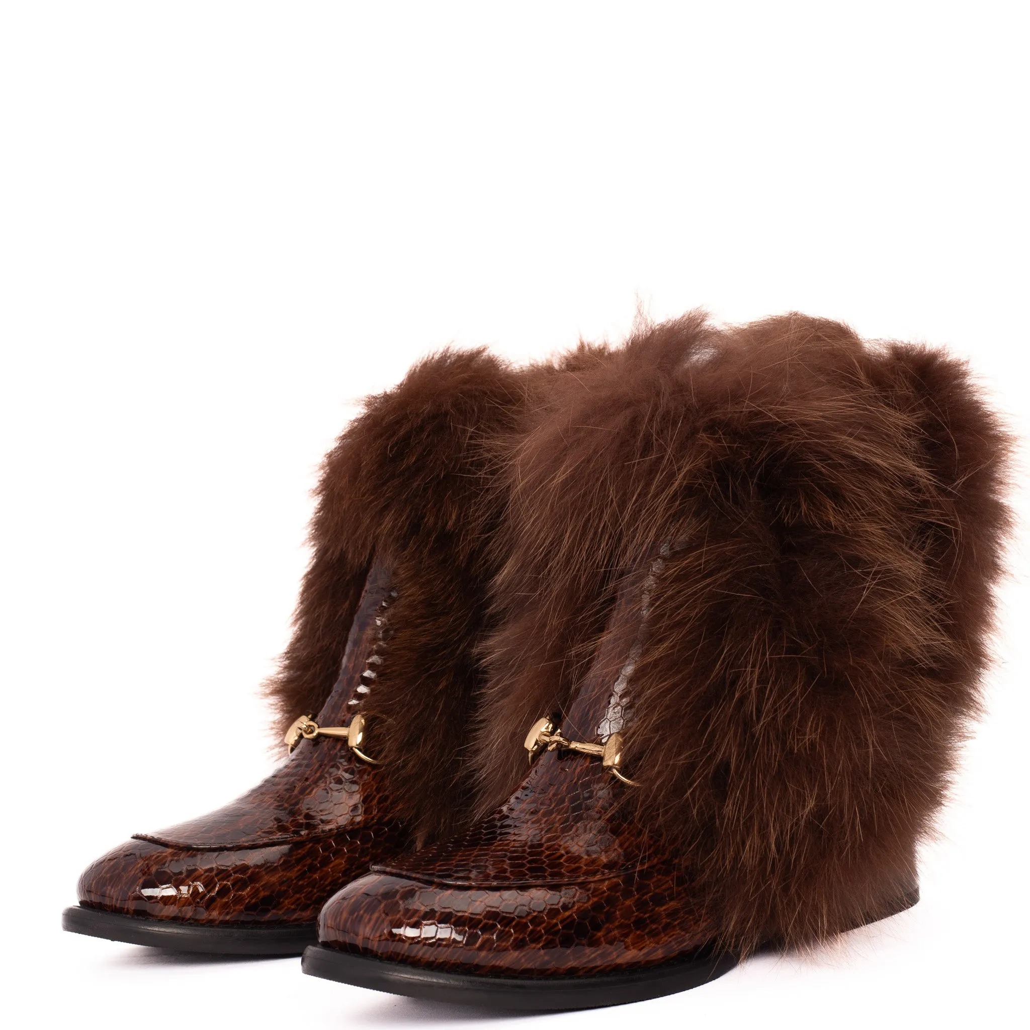 Low Top Boots The Izmir Brown Patent Leather Natural Fur Mid Calf Women Boot