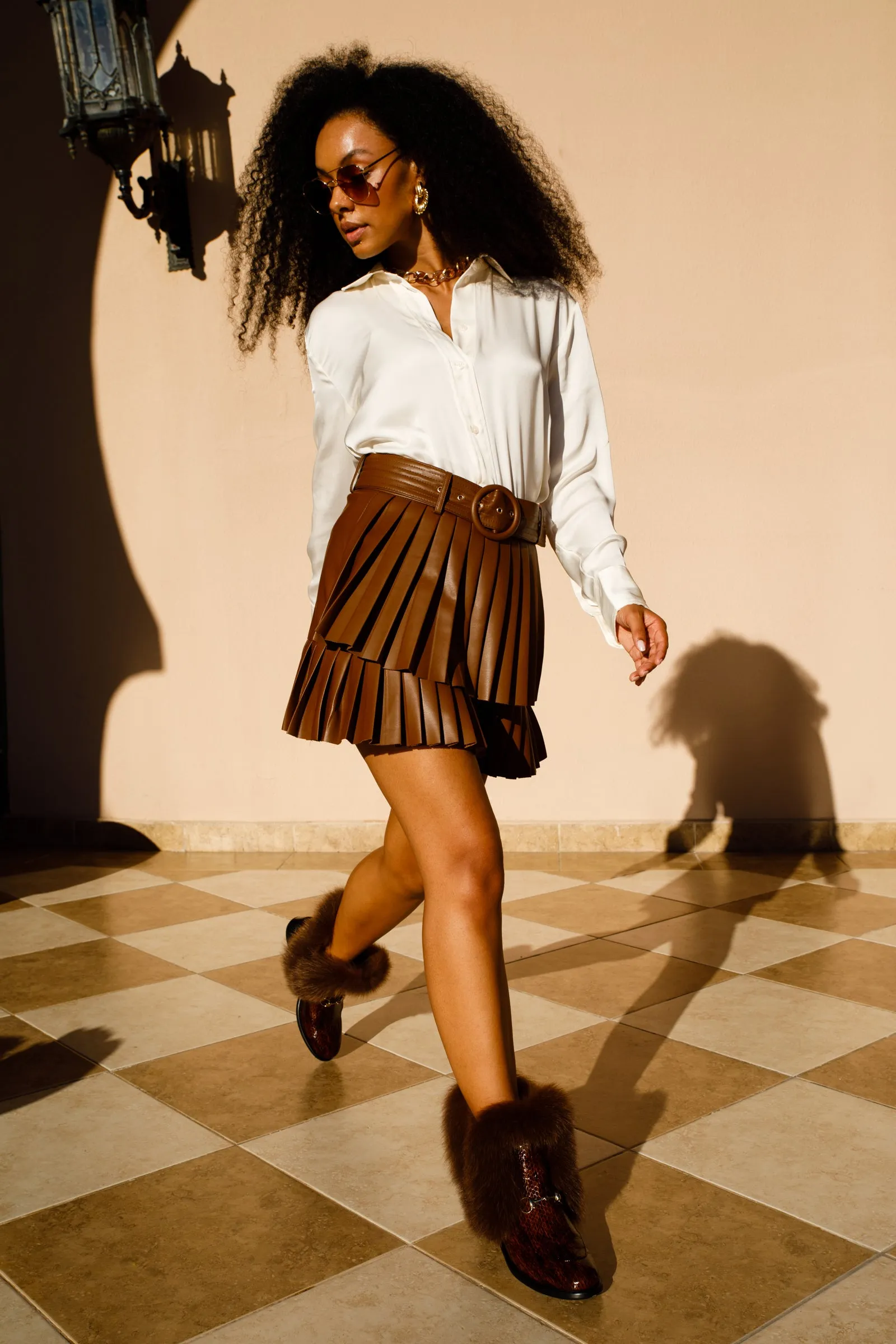 Rain Boots Tall The Izmir Brown Patent Leather Natural Fur Mid Calf Women Boot