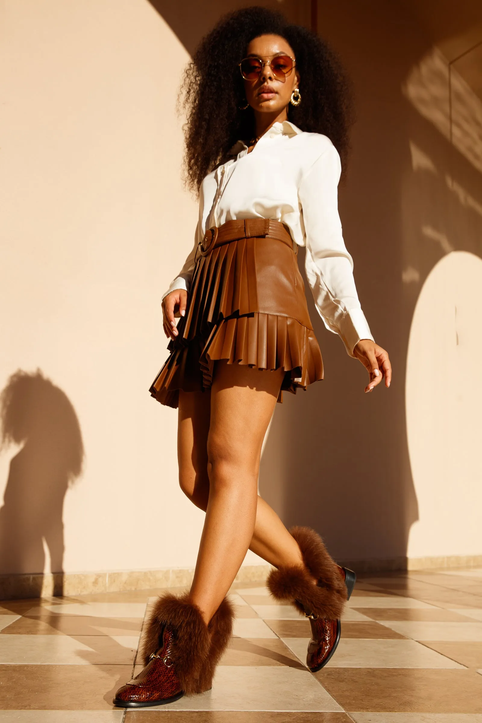 Boots Of Lightness The Izmir Brown Patent Leather Natural Fur Mid Calf Women Boot