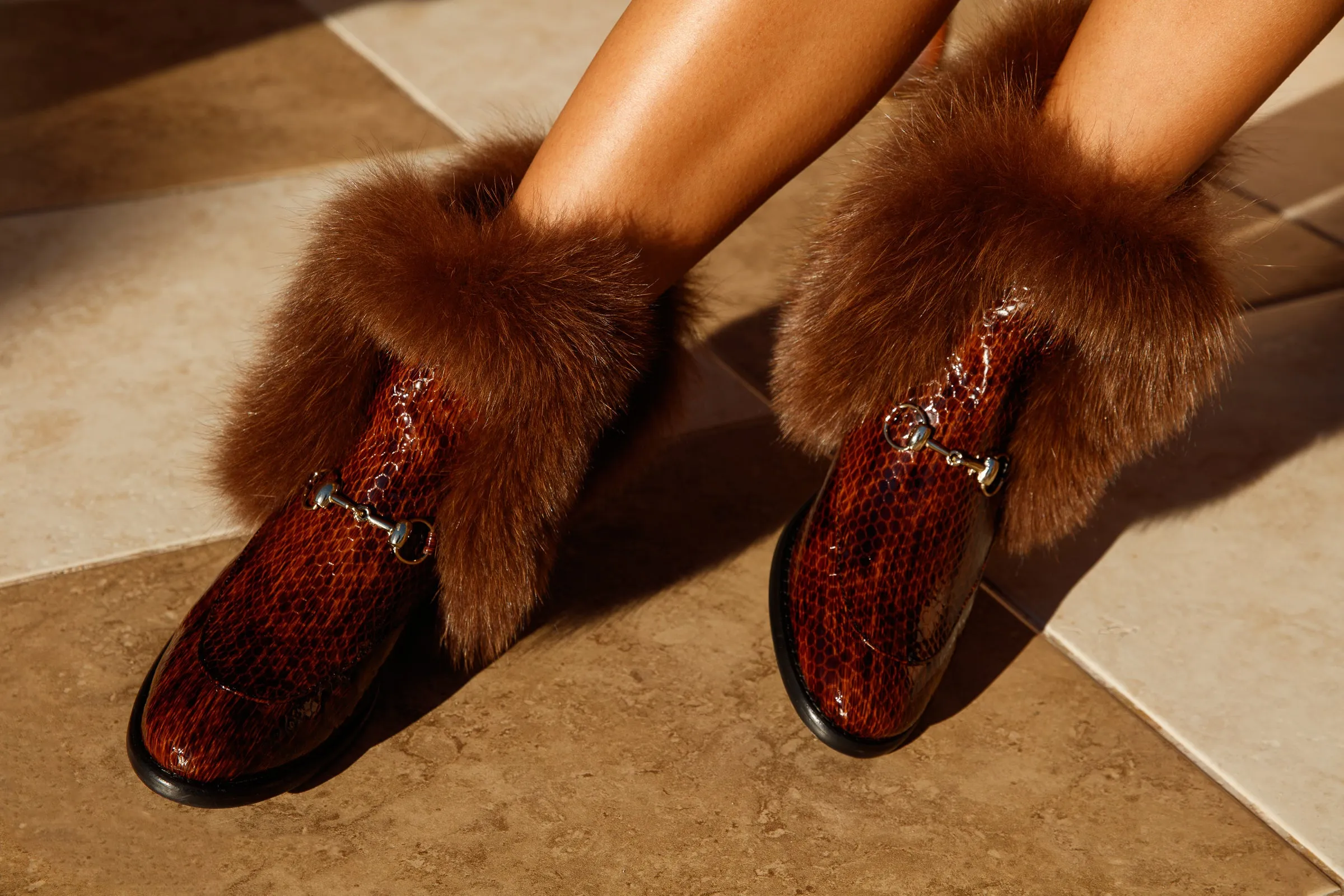 Comfort Boots The Izmir Brown Patent Leather Natural Fur Mid Calf Women Boot