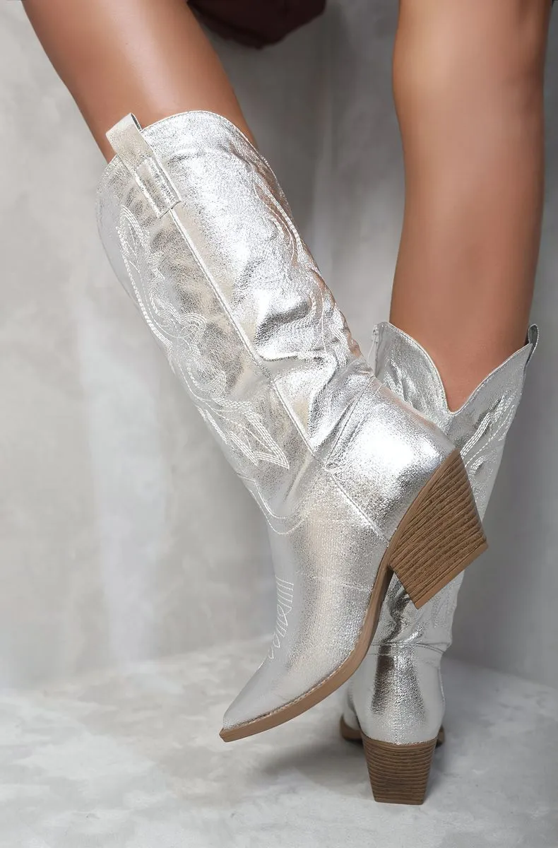 High Pointed Toe Embroidered Thick Heel Cowboy Boots Rubber Safety Boots