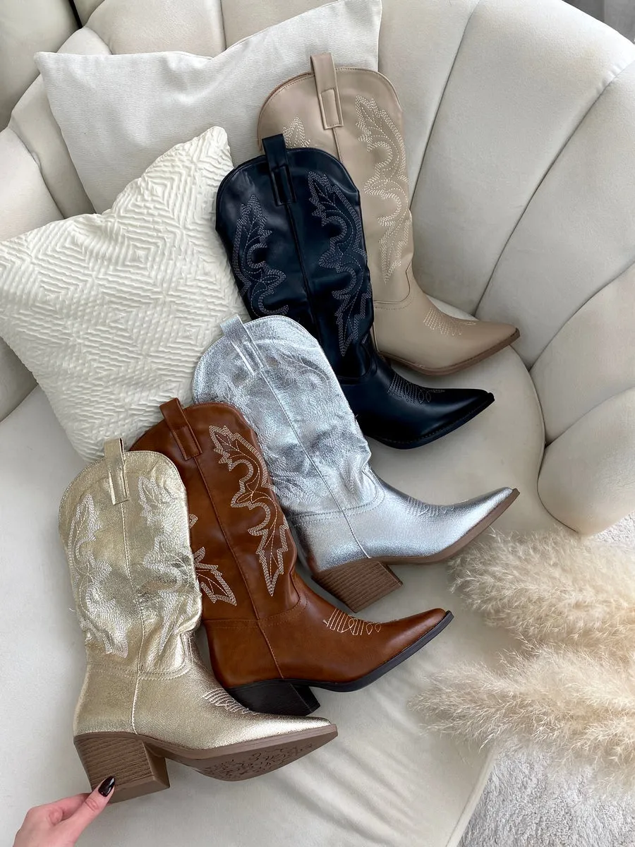 King Compression Boots High Pointed Toe Embroidered Thick Heel Cowboy Boots