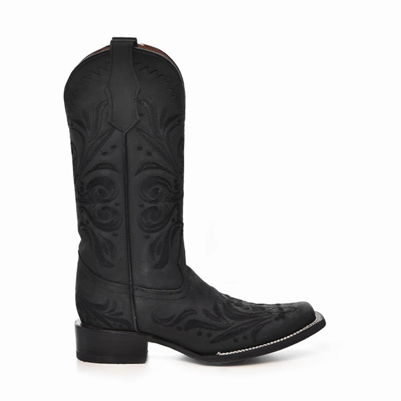 Men's Waterproof Boots Women's L5464 Filigree Embroidery Square Toe Cowboy Boots Black