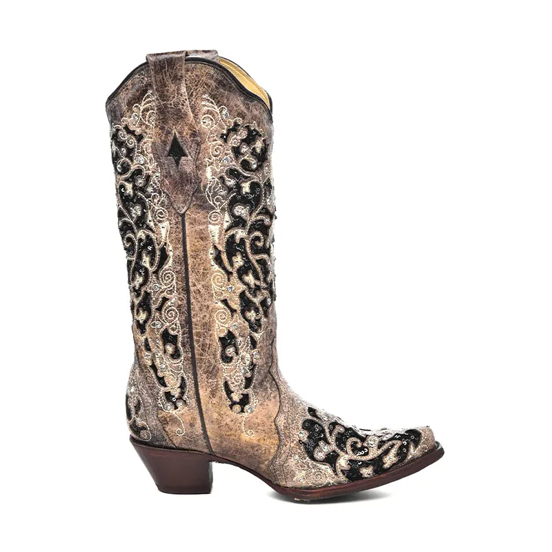 Brown Fringe Boots Women's A3569 Black Glitter Inlay with Crystals and Studs Snip Toe Cowboy Boots Brown