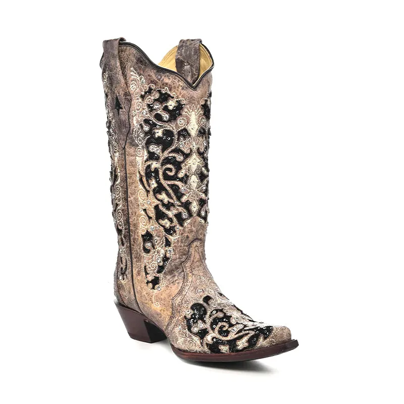 Women's A3569 Black Glitter Inlay with Crystals and Studs Snip Toe Cowboy Boots Brown Boots Brown