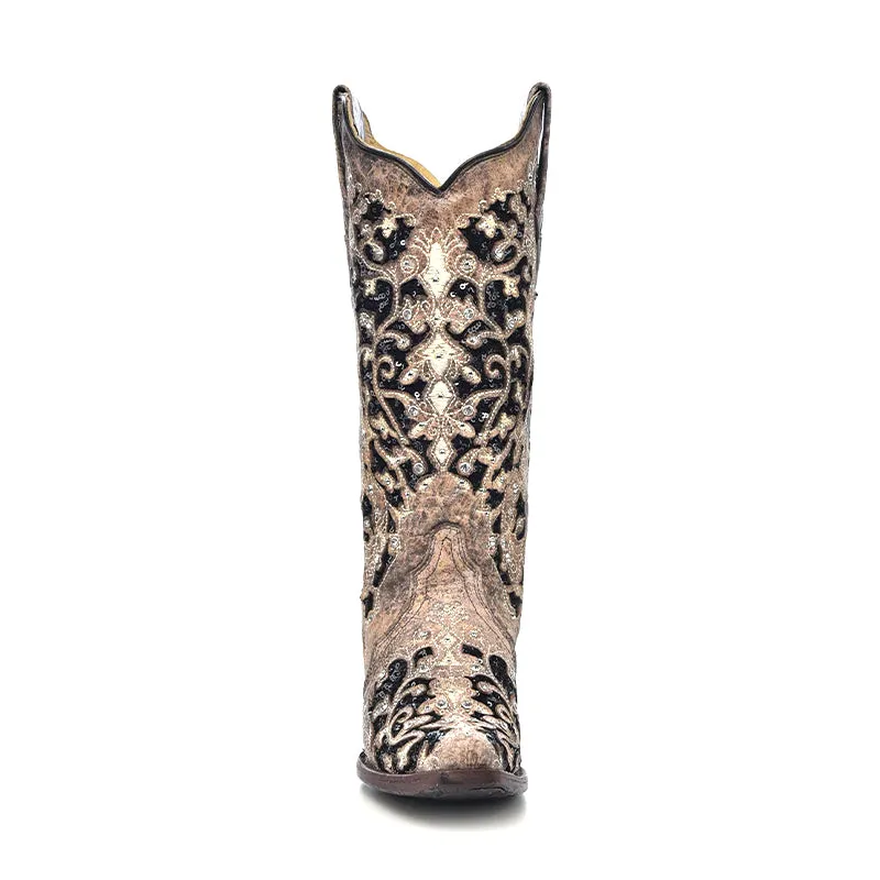 Thigh Boots Women's A3569 Black Glitter Inlay with Crystals and Studs Snip Toe Cowboy Boots Brown