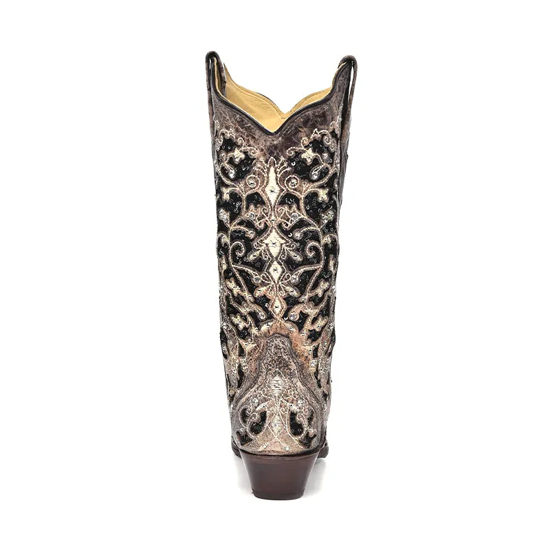 Ecco Boots Women's A3569 Black Glitter Inlay with Crystals and Studs Snip Toe Cowboy Boots Brown