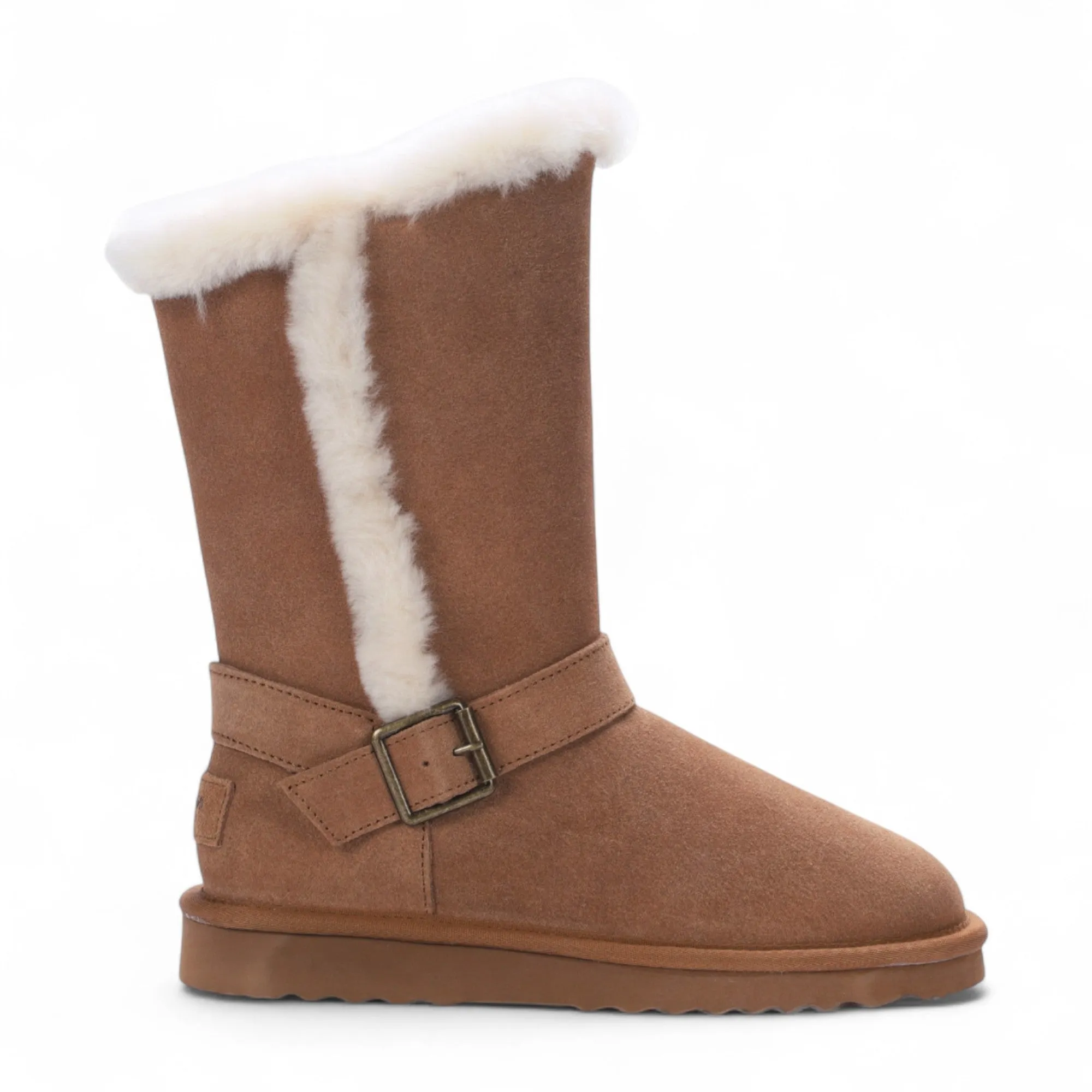 Women's Genuine Sheepskin Tan Brown Suede Calf Winter Warm Boots - Redwood Rain Boots In Snow