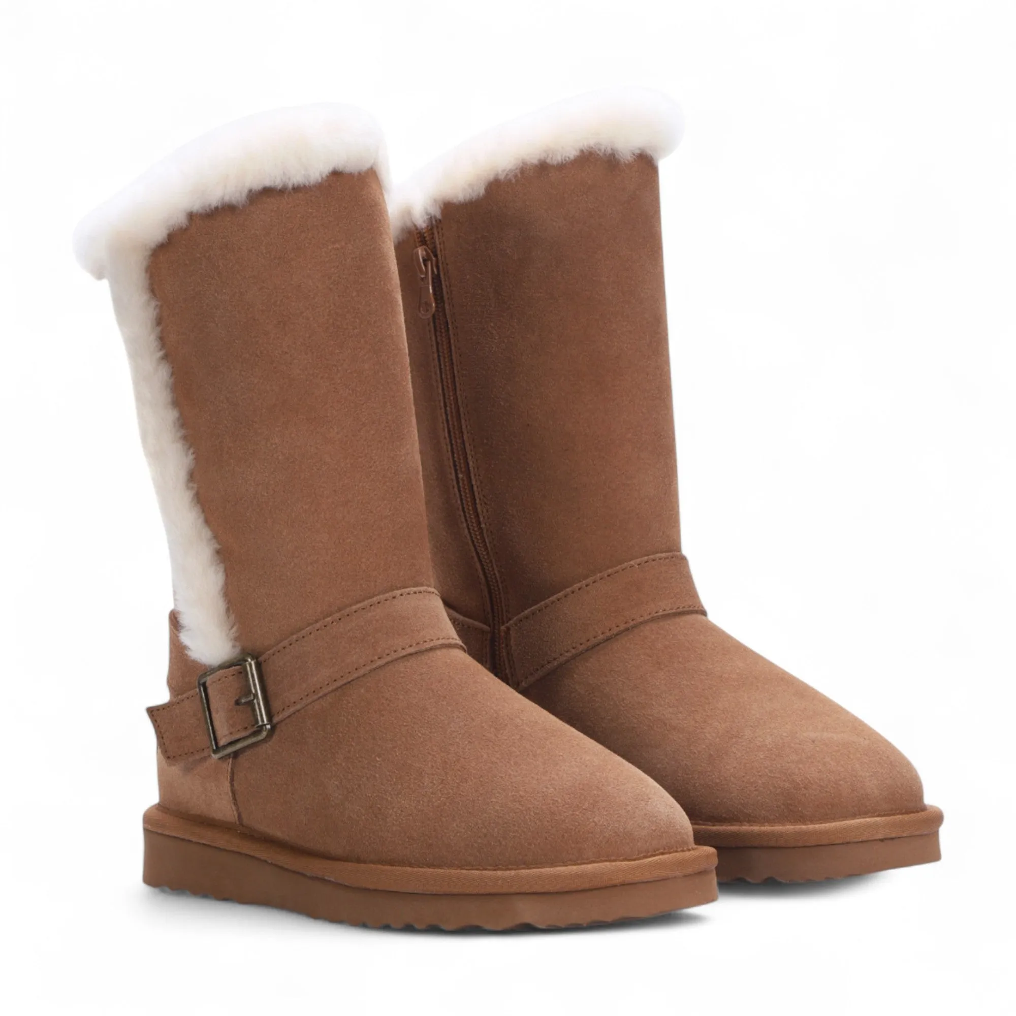 Women's Genuine Sheepskin Tan Brown Suede Calf Winter Warm Boots - Redwood Oil Resistant Boots