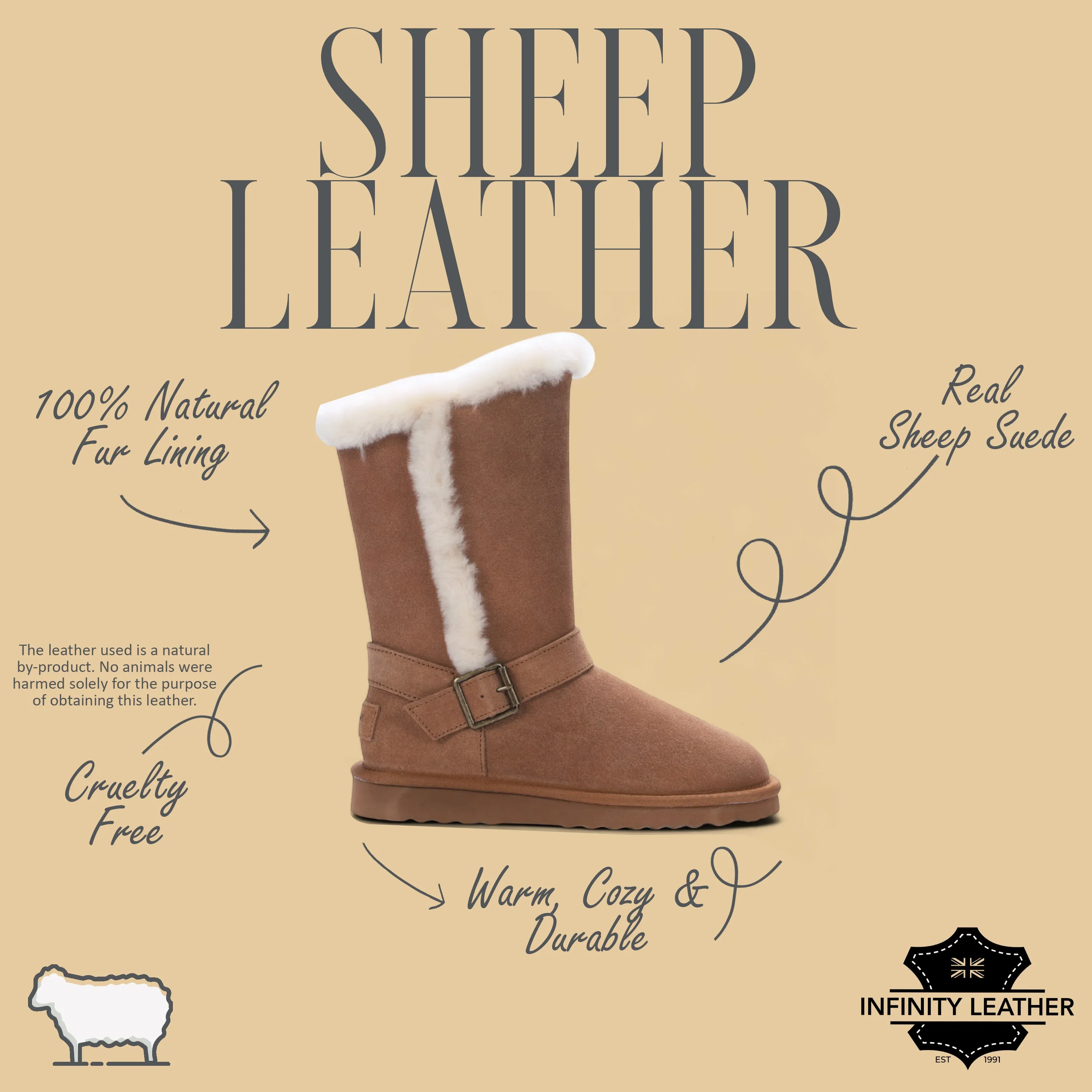 Women's Genuine Sheepskin Tan Brown Suede Calf Winter Warm Boots - Redwood Neoprene Boots