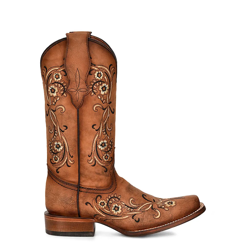 Women's L2063 Floral Embroidery Square Toe Cowboy Boots Sandalwood Vero Cuoio Boots