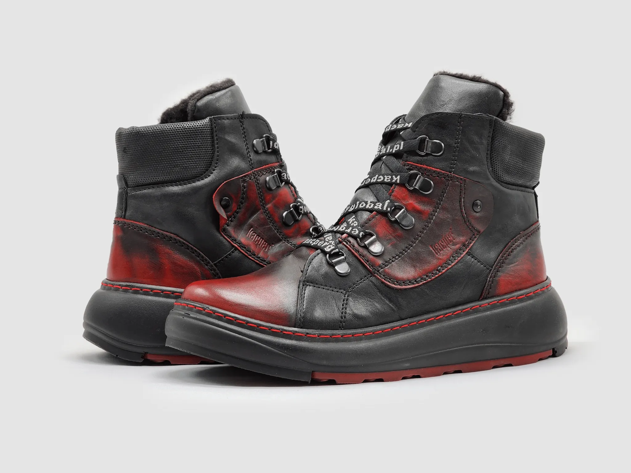 Best Trekking Boots Women's Retro Thick Wool-Lined Leather Boots - Black & Red