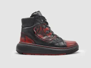 Low Cut Hiking Boots Women's Retro Thick Wool-Lined Leather Boots - Black & Red